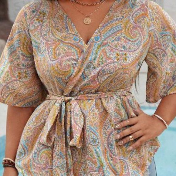 SHEIN VCAY Plus-Size Vacation Casual‎ Paisley Print Short-Sleeved Shirt Size 4X - Picture 1 of 10